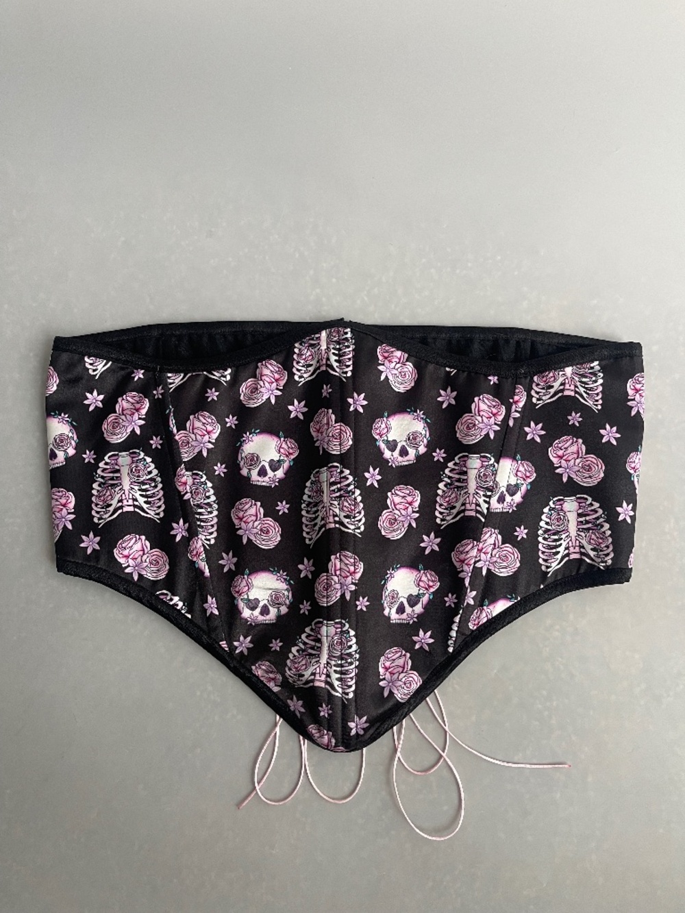 Handmade Skull Rose Underbust Corset Gothic Lace Up Boned Black Pink L/XL